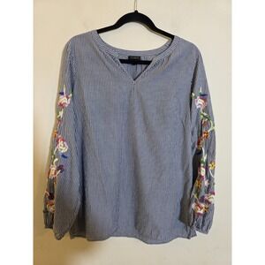 Talbots Women's M Blue White Striped Boho Blouse Top Floral Embroidered Sleeves